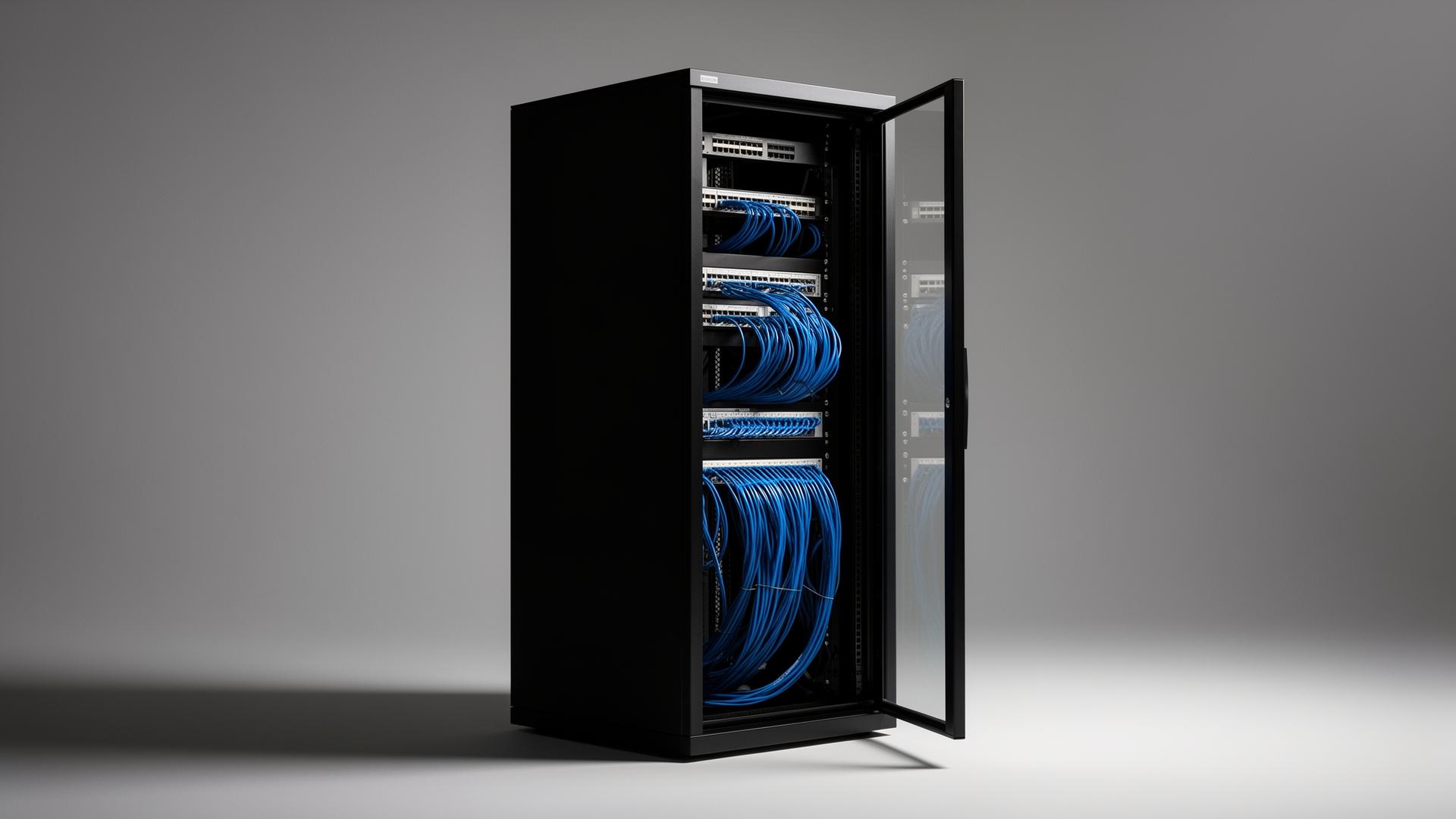 19 inch serverkast met netjes aangelegde blauwe netwerkkabels